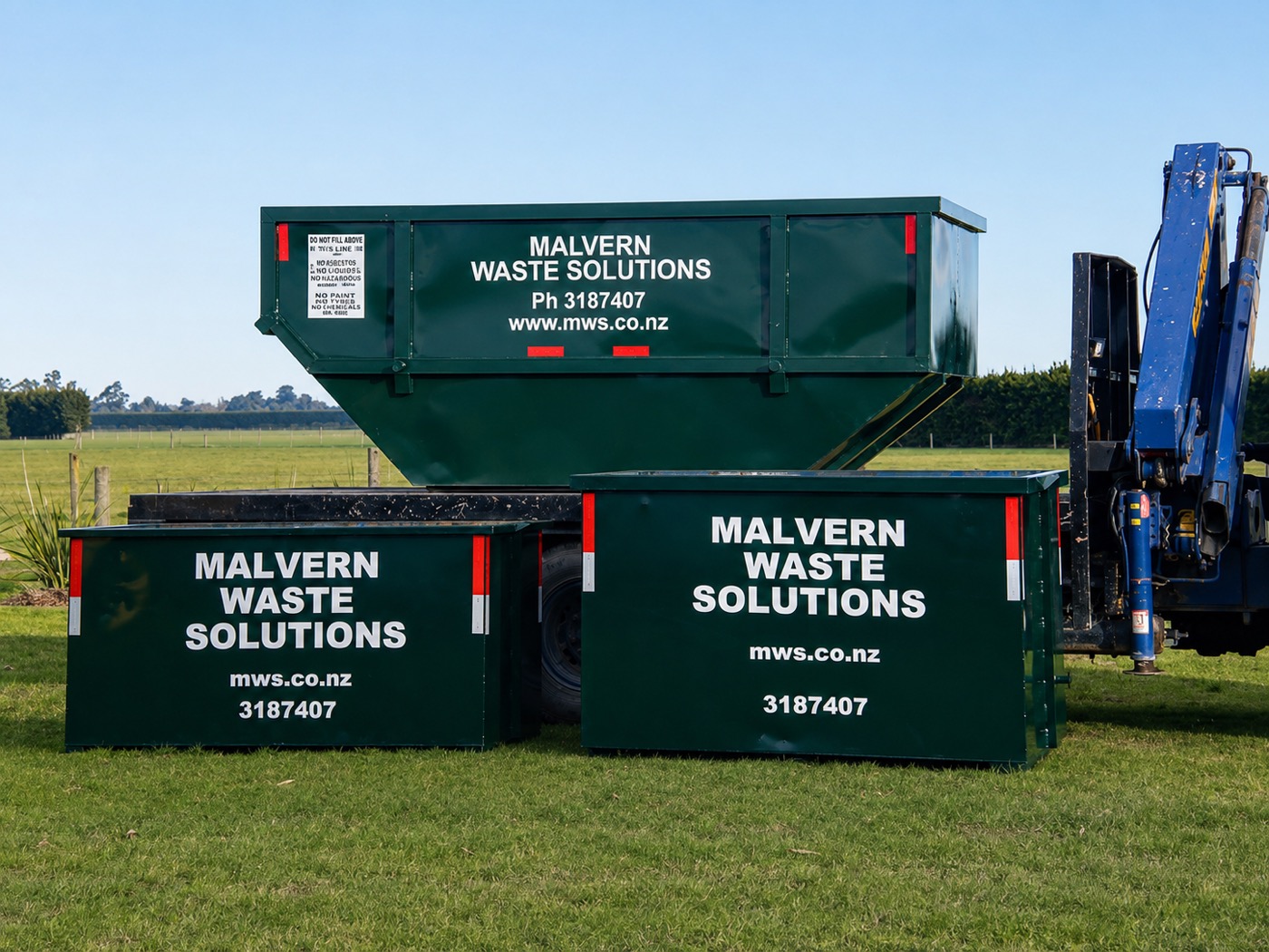 Malvern Waste Solutions skip bins on a farm paddock