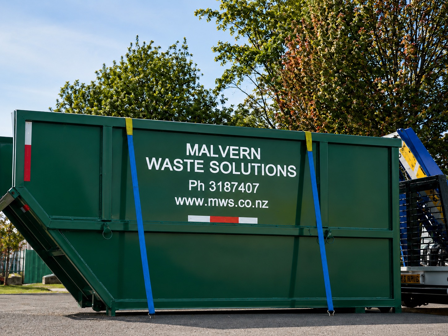 Malvern Waste Solutions branded green skip bin ready for delivery